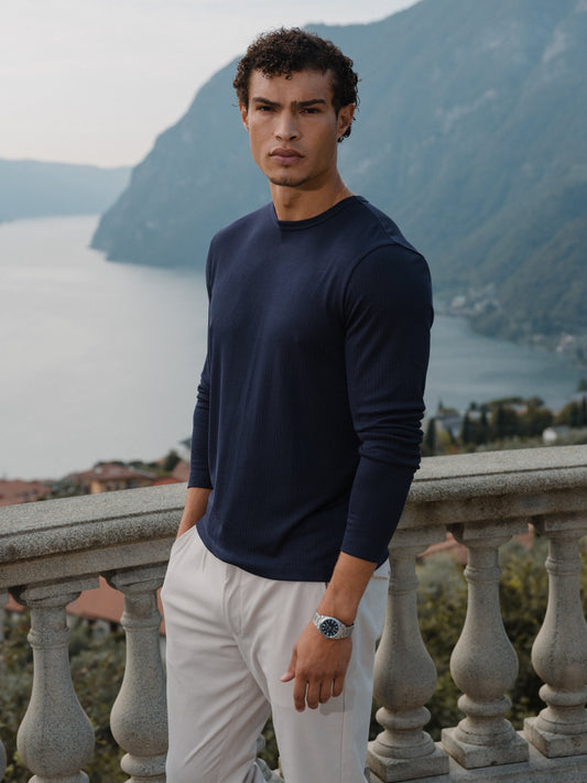 Soho Men's Ribbed Knit Long Sleeve Crew Neck T-Shirt – Bound Neckline, Breathable Stretch | Pacific Blue