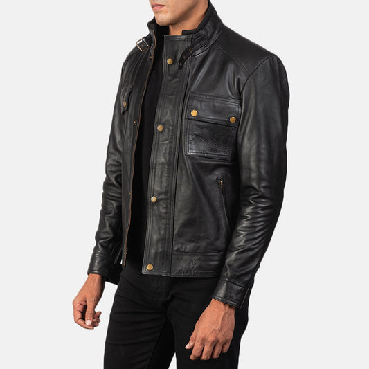 Men's Cowhide Leather Biker Jacket – Flap Over Zip Closure, Snap Button Cuffs, Waist Straps | Black