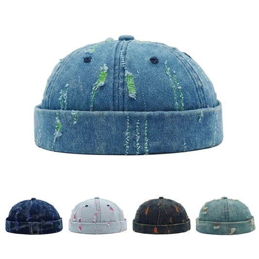 Delaware Men's Distressed Denim Docker Cap – Ripped Organic Cotton Denim, 6-Panel Brimless Crown
