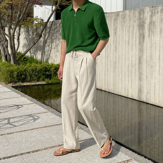 Paju Men's Pleated Linen Trousers – Pure Linen, Elastic Drawstring Waist and Front Pleats