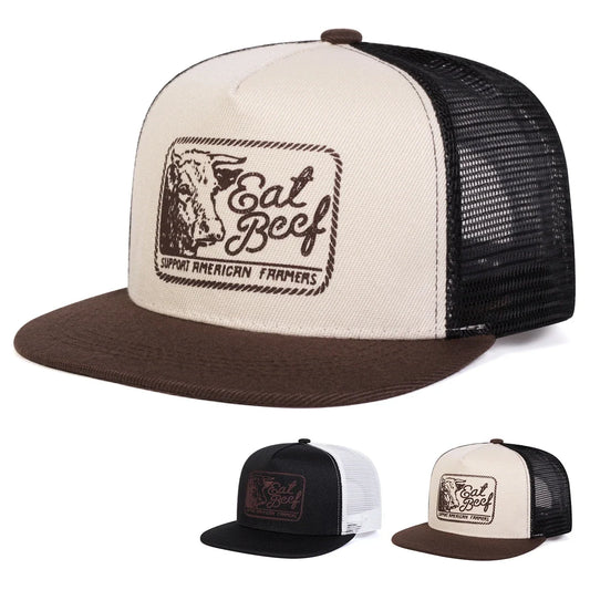 Eat Beef Men's Trucker Baseball Cap – Breathable Acrylic Mesh, Embroidered Details, Adjustable 55–62 cm Fit