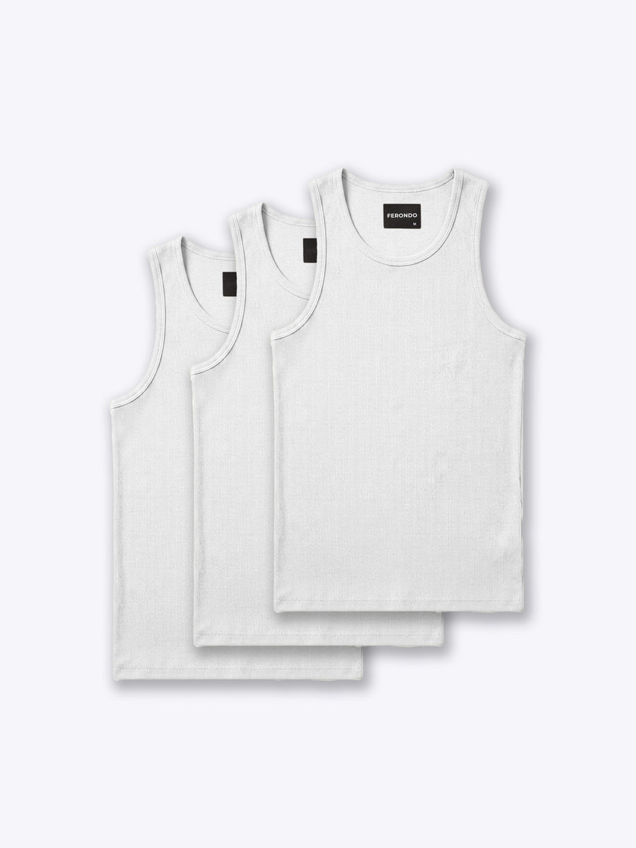 Men's Fitted Rib Knit Tank Top 3-Pack – Breathable Stretch, Form-Fitting Layering Essential | White