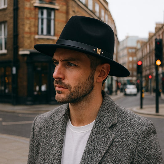 Men's Wool Fedora Hat – Minimal Band with Subtle Metallic Detail, Structured Crown and Wide Brim, Adjustable