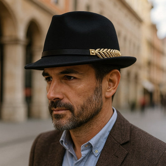 Men's Wide Brim Fedora Trilby Hat – Gold Leaf Accent, Structured Crown for Casual and Formal Occasions