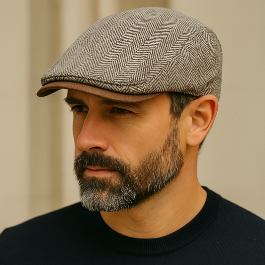 Men's Herringbone Cotton Flat Cap – Lightweight Breathable Weave, Adjustable Strap with Vintage Charm