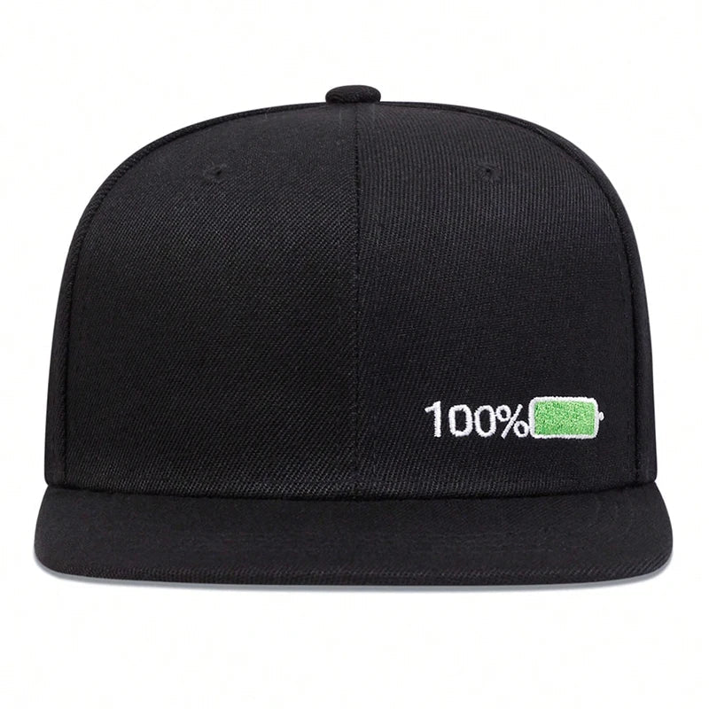 Full-Empty Battery Men's Acrylic Snapback Baseball Cap – 100% or 1% Battery Design, Adjustable 55–60 cm | Black