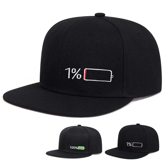 Full-Empty Battery Men's Acrylic Snapback Baseball Cap – 100% or 1% Battery Design, Adjustable 55–60 cm | Black
