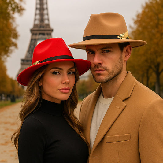 Men's Wool Blend Fedora Hat with Gold-Tone Leaf Accent – Sleek Crown, Lightweight, Adjustable 56–60 cm