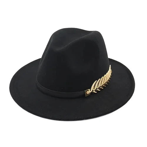 Men's Wool Blend Fedora Hat with Gold-Tone Leaf Accent – Sleek Crown, Lightweight, Adjustable 56–60 cm
