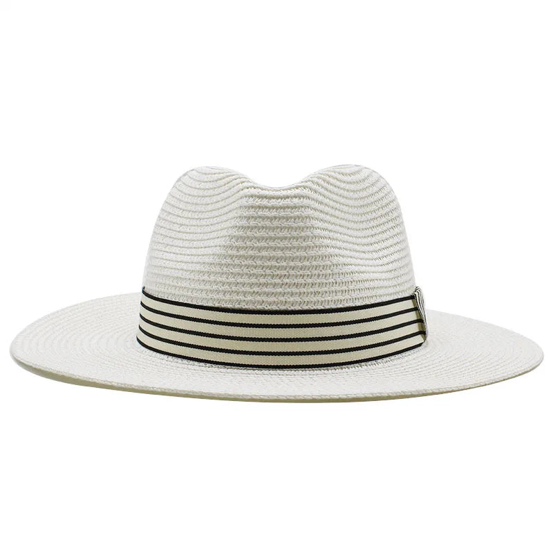 Men's Panama Hat with Striped Band – Polyester and Paper Fibre Weave, Structured Crown, Wide Brim