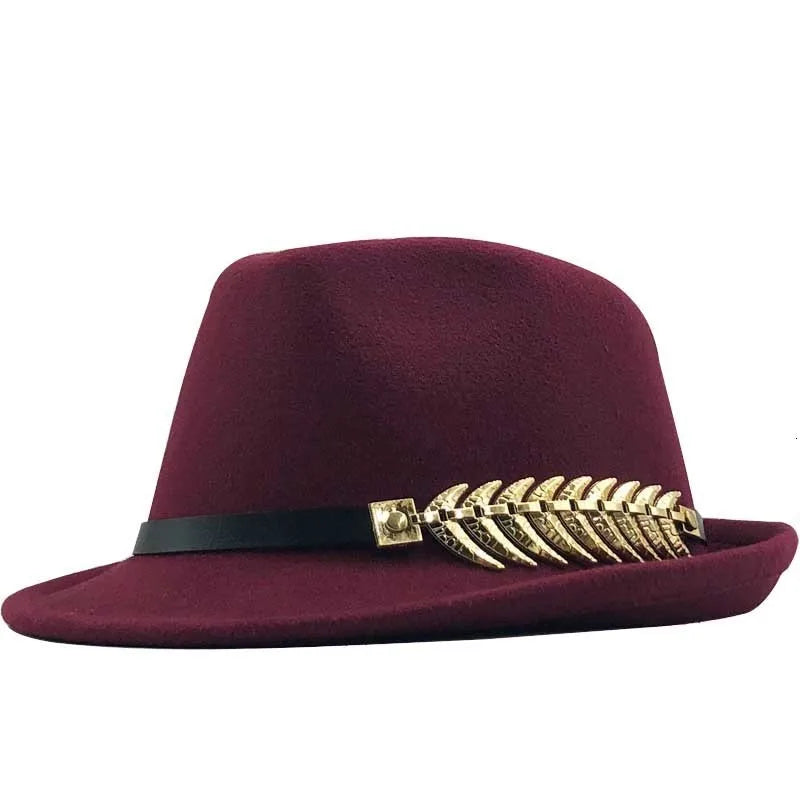 Men's Wide Brim Fedora Trilby Hat – Gold Leaf Accent, Structured Crown for Casual and Formal Occasions