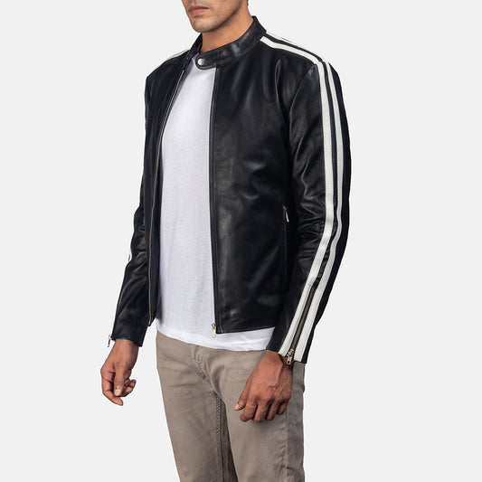 Hank Men's Cowhide Leather Biker Jacket – Two-Tone Design, Snap-Button Band Collar, Zip Cuffs | Black & White