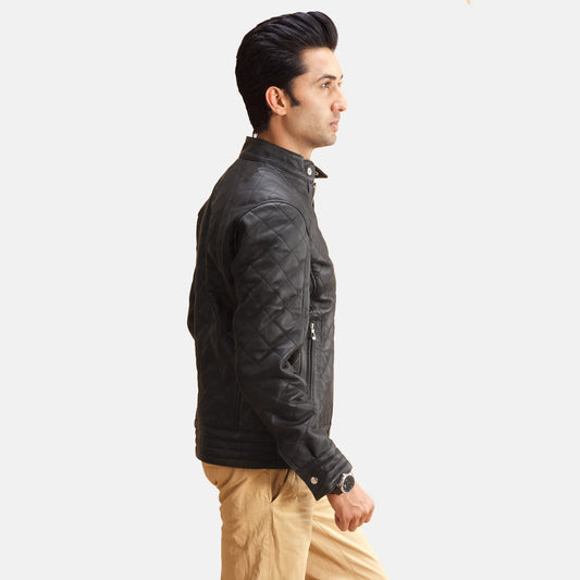 Henry Men's Quilted Sheepskin Leather Jacket – Snap-Button Band Collar, Snap Cuffs, Semi-Aniline Finish | Black