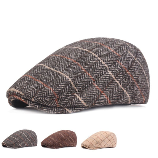 Hereford Men's Vegan Wool Flat Cap – Plaid and Herringbone Pattern, Adjustable 55–59 cm Fit, Three Colours