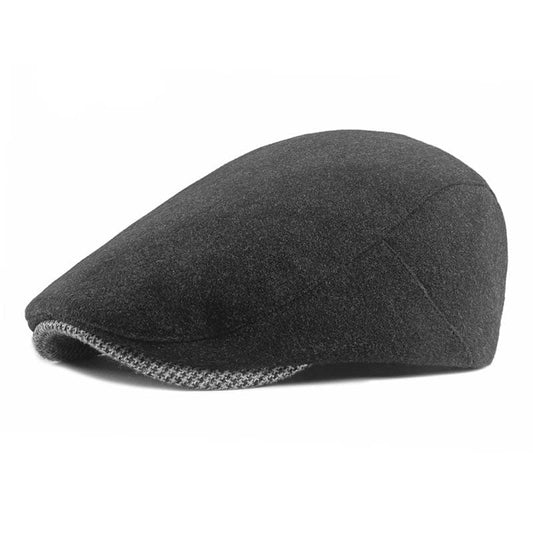 Men's Houndstooth Peak Wool and Cotton Flat Cap – Plain Crown, Contrast Check Peak, Adjustable 55–59 cm Fit