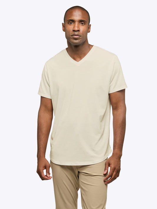Men's V-Neck Curved Hem T-Shirt – Tailored Fit, Soft Durable Fabric, Reduced Waist Bunching | Ivory