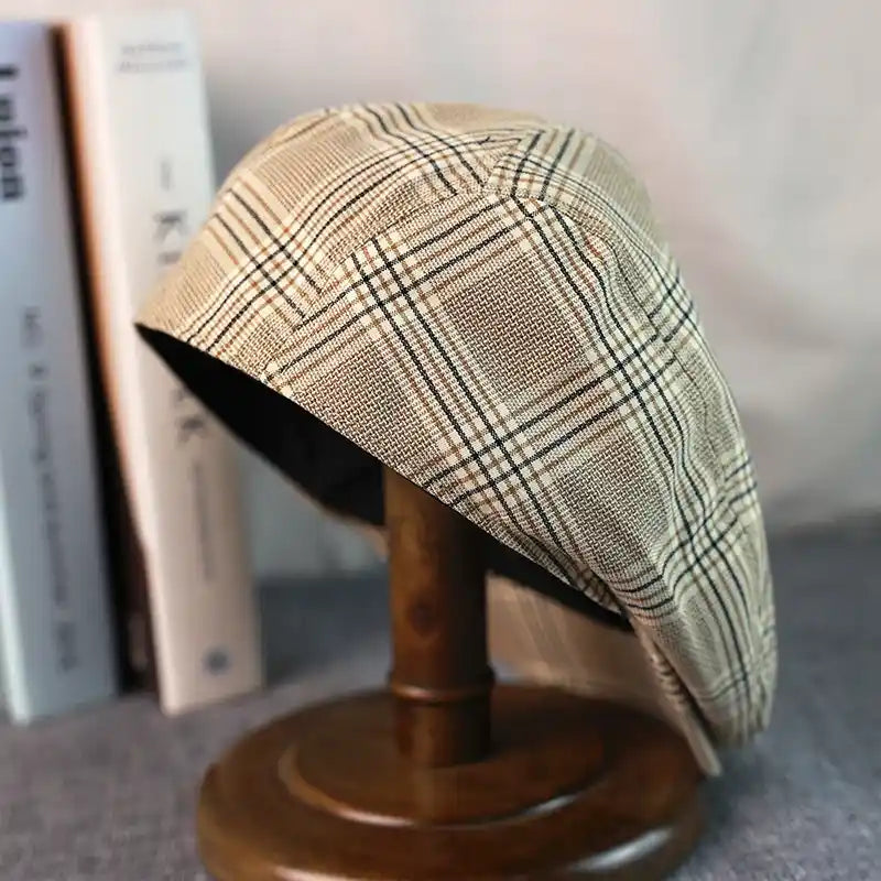 Idaho Men's Tartan Linen Blend Flat Cap – Linen and Cotton, Four Sizes from 54 to 62 cm | Beige