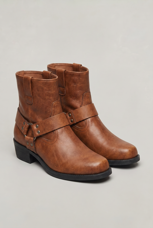 Men's Faux Leather Harness Ankle Boots – Side Zip, Western-Inspired Strap, Low Block Heel