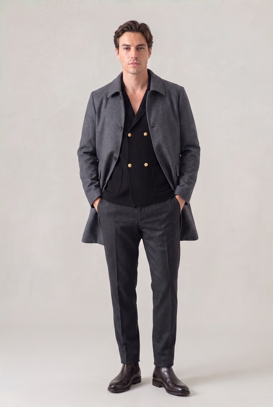 Men's Single Breasted Loose Fit Coat – Lapel Collar, Mid-Length Cut, Side Pockets for Smart-Casual Layering