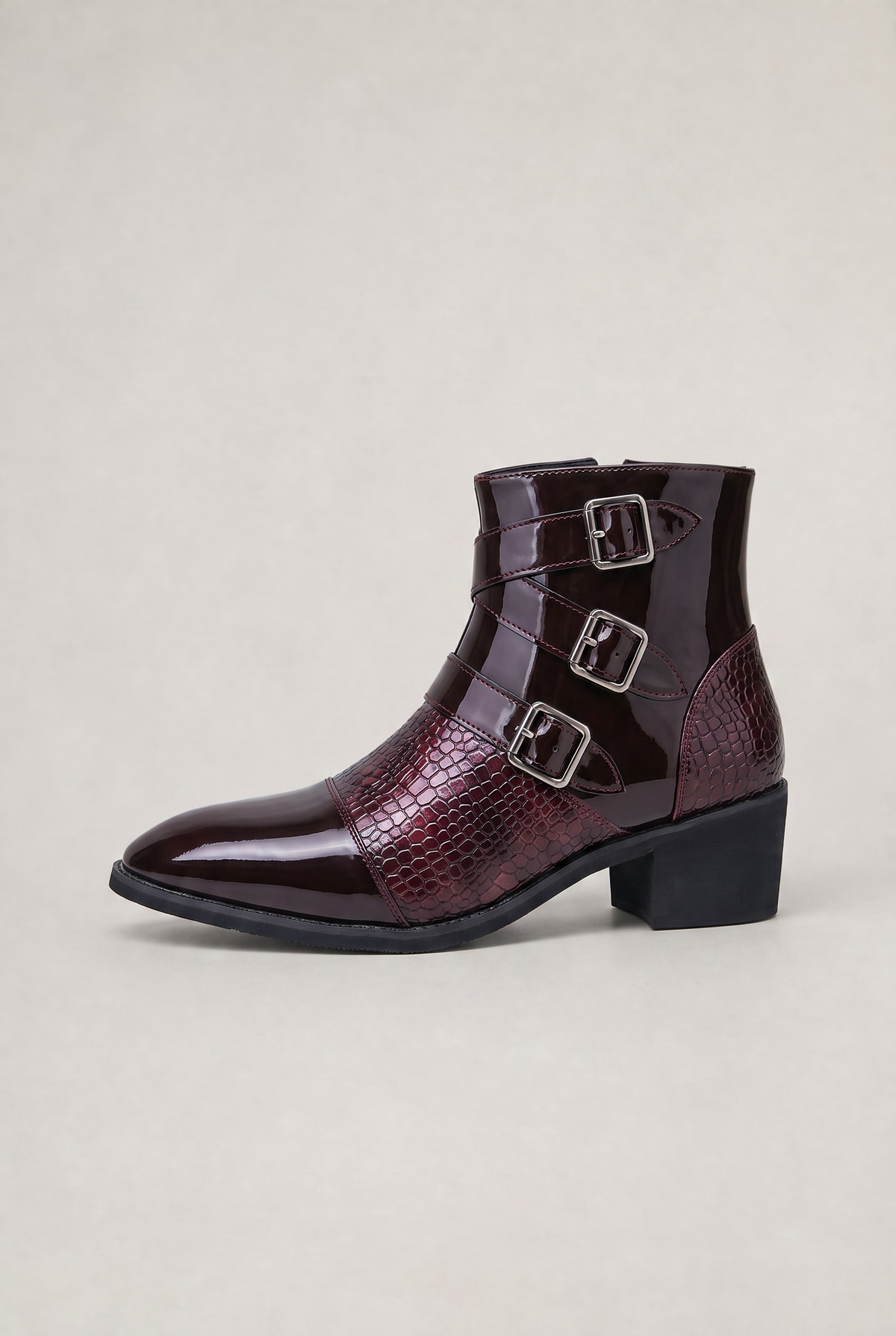 Men's Croc-Effect Harness Ankle Boots – Triple Buckle Detail, Side Zip, Medium Block Heel