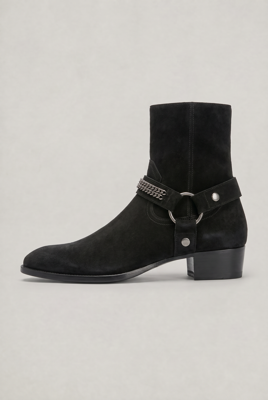 Men's Chain Harness Ankle Boots – Side Zip Fastening, Pointed Toe, Medium Heel for a Structured Look