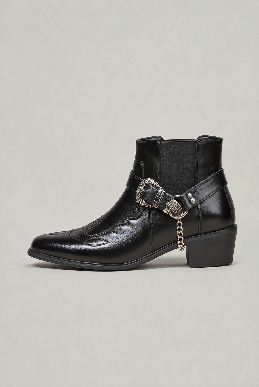 Men's Western Buckle Chain Ankle Boots – Wraparound Strap, Stitched Upper, Low Block Heel