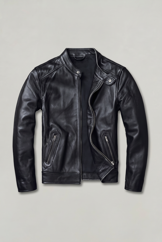 Men's Genuine Cowhide Leather Biker Jacket – Stand Collar, Front Zip Fastening, Fitted Silhouette with Straight Hem