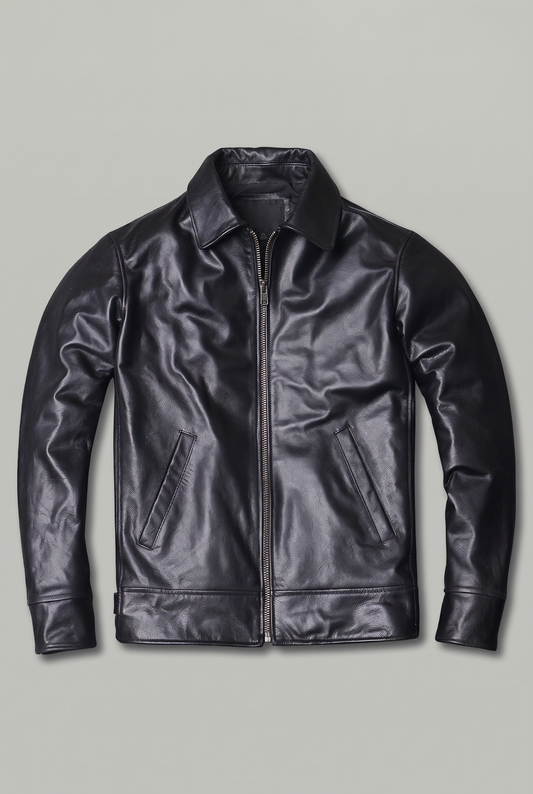 Men's Genuine Cowhide Leather Jacket – Classic Lapel Collar, Front Zip Fastening, Fitted Short Cut | Black