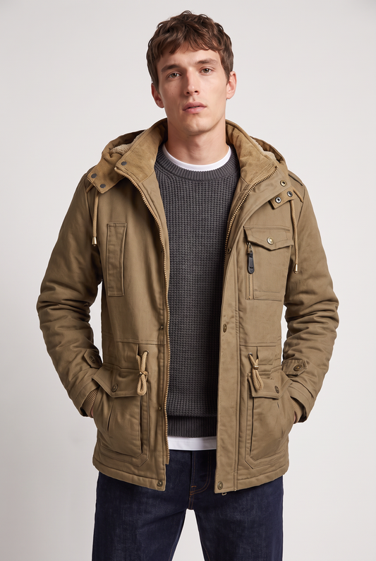 Men's Fleece-Lined Cotton Field Jacket – Attached Hood, Multi-Pocket Design, Zip Fastening for Winter