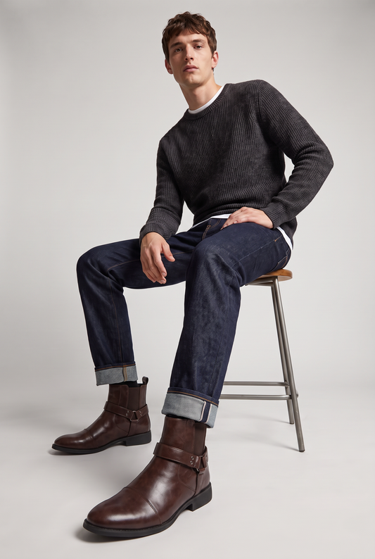 Men's Faux Leather Harness Chelsea Boots – Pointed Cap Toe, Metal Buckle Strap, Pull Tab for Easy Wear