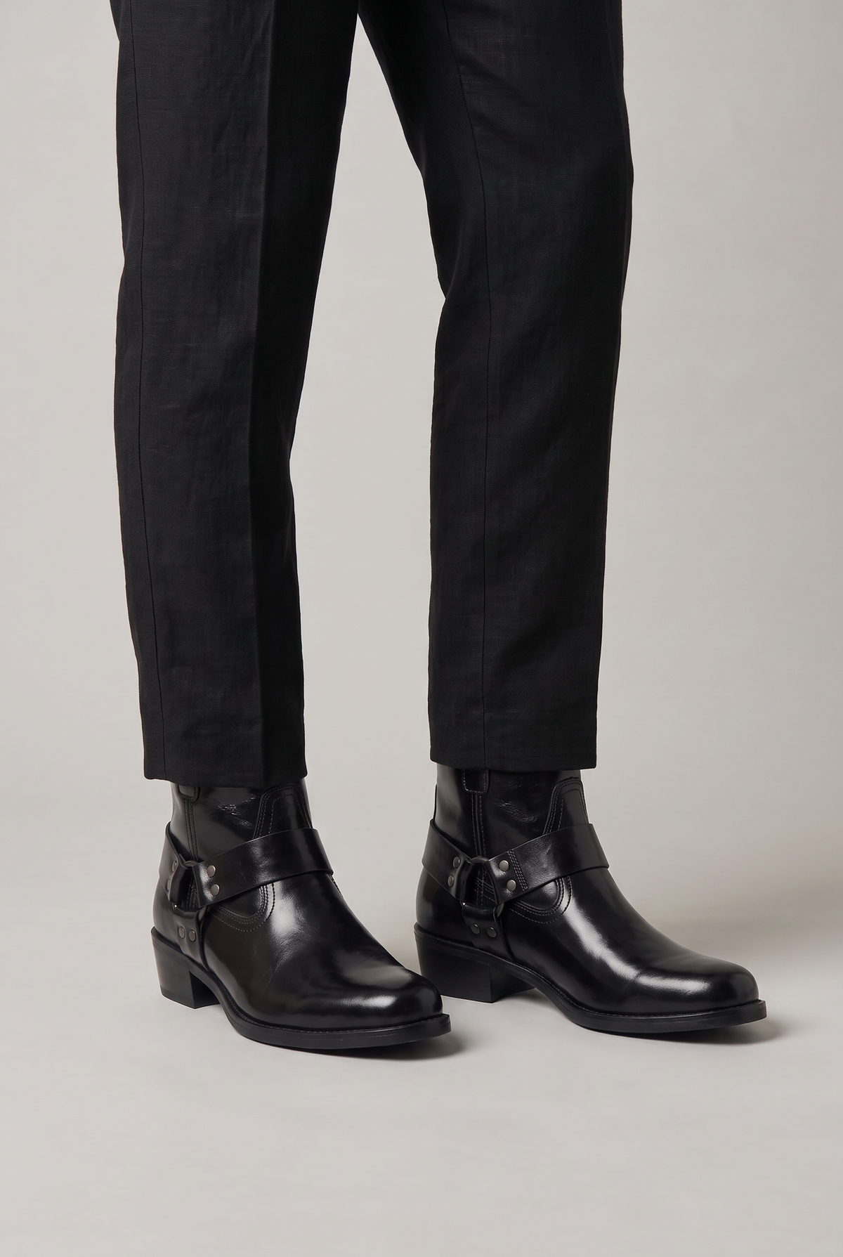Men's Faux Leather Harness Ankle Boots – Side Zip, Western-Inspired Strap, Low Block Heel