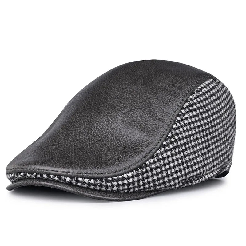JM Men's Houndstooth and Leather Duckbill Flat Cap – Cowhide Leather and Wool, Three Sizes from 55 to 60 cm