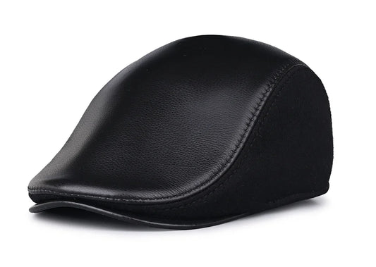 JM Men's Houndstooth and Leather Duckbill Flat Cap – Cowhide Leather and Wool, Three Sizes from 55 to 60 cm