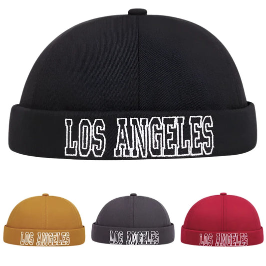Los Angeles Men's Acrylic Brimless Docker Cap – Lettered Turn-Up Cuff, Rounded Crown, Adjustable 56–62 cm