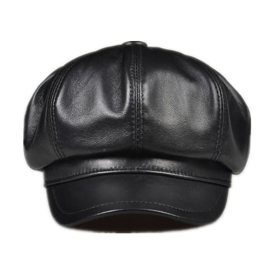 La Spezia Men's Genuine Leather Newsboy Cap – 100% Leather, 8-Panel Crown, Three Adjustable Sizes | Black