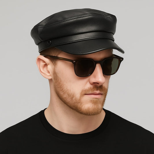 Men's Sheepskin Leather Sailor Cap – Short Curved Brim, Flat Crown With Soft Lined Interior