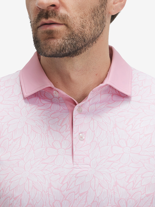 Men's Printed Golf Polo Shirt – Lightweight Stretch Fabric, Colour-Blocked Collar, Short Sleeves