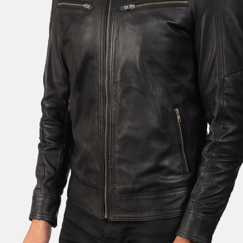Mack Men's Goatskin Leather Biker Jacket – Band Collar, Zip Cuffs, Four Outside Pockets, Semi-Aniline Finish | Black