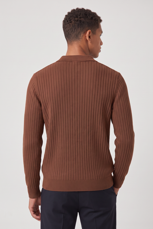 Men's Cotton Blend Ribbed Long Sleeve Polo Shirt – Vertical Rib Texture, Ribbed Cuffs, Slim Fit