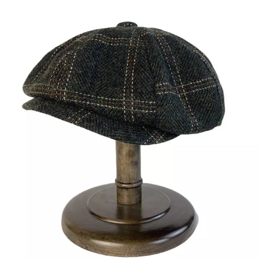 McCook Men's Plaid Wool Newsboy Cap – Herringbone Check, Elastic Fit, Sizes L and XL, 56–60 cm | Green
