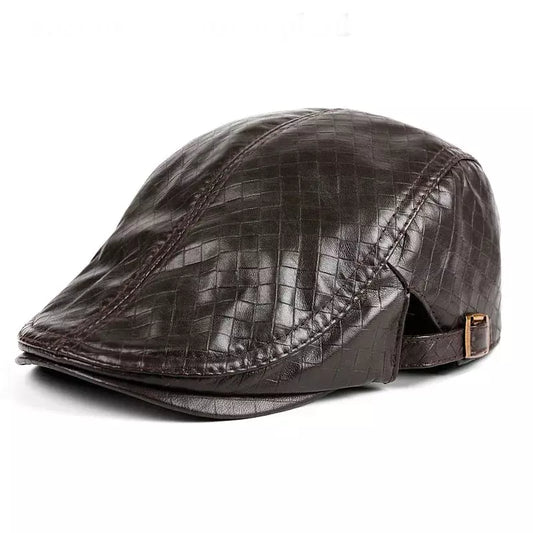 Melville Men's Genuine Leather Duckbill Flat Cap – Diamond Pattern Cowhide, Three Sizes from 56 to 61 cm