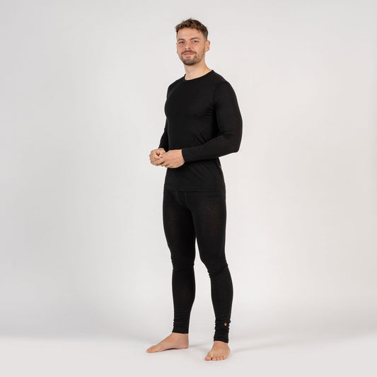 Men's Merino Wool Base Layer Set – Long Sleeve Top & Trousers, Moisture-Wicking, Flatlock Seams | Black