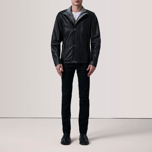 Henrik Men's Sheepskin Leather Cafe Racer Jacket – Leather-Lined Band Collar, Zip with Placket, Open Cuffs | Black