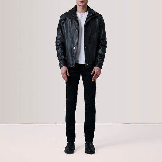 Klen Men's Classic Sheepskin Leather Jacket – Leather-Lined Shirt Collar, Snap Button Cuffs, Zip Front | Black