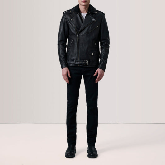 Kole Men's Sheepskin Leather Double Rider Jacket – Notch Collar, Waist Straps, Four Outside Pockets | Black