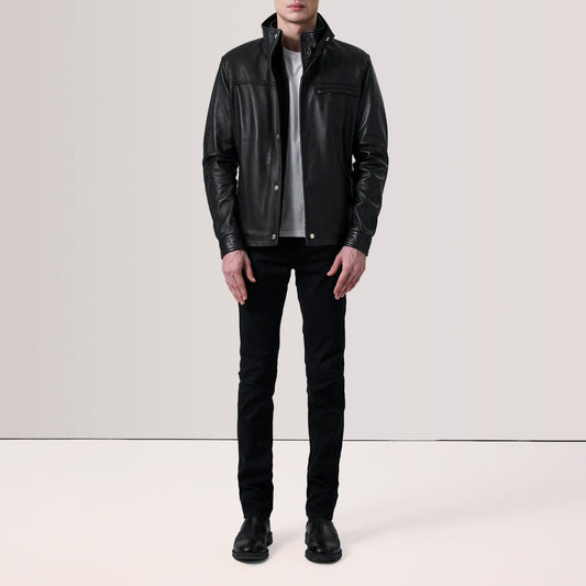 Men's Sheepskin Leather Jacket – Semi-Aniline Finish, Suede-Lined Shirt Collar, Snap Button Cuffs, Quilted Lining | Black
