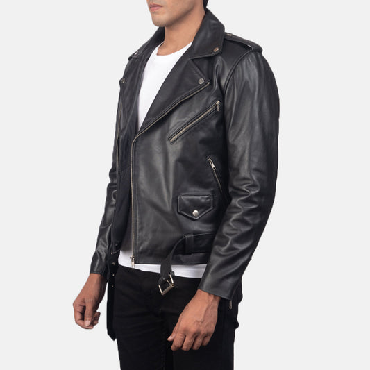 Men's Cowhide Leather Biker Jacket – Notch Collar, Waist Belt, Zip Cuffs, Quilted Lining | Black