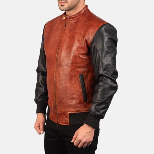 Men's Two-Tone Leather Bomber Jacket – Cowhide and Goatskin, Snap Band Collar, Rib Knit Cuffs | Black and Maroon
