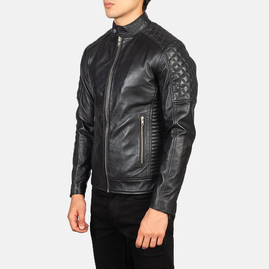 Fernando Men's Quilted Sheepskin Leather Biker Jacket – Accordion Side Panels, Band Collar, Zip Cuffs | Black
