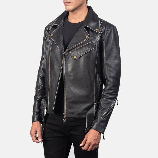Vincent Men's Cowhide Leather Biker Jacket – Quilted Lining, Notch Collar and Zip Cuffs, Six Air Vents | Distressed Black